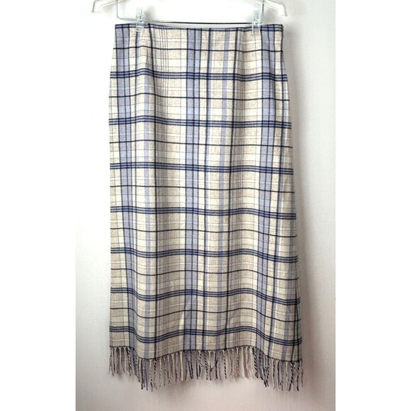Pendleton Vintage Wool White, Tan, Blue Plaid Fringe Skirt Size M Vintage 8 - Picture 6 of 11